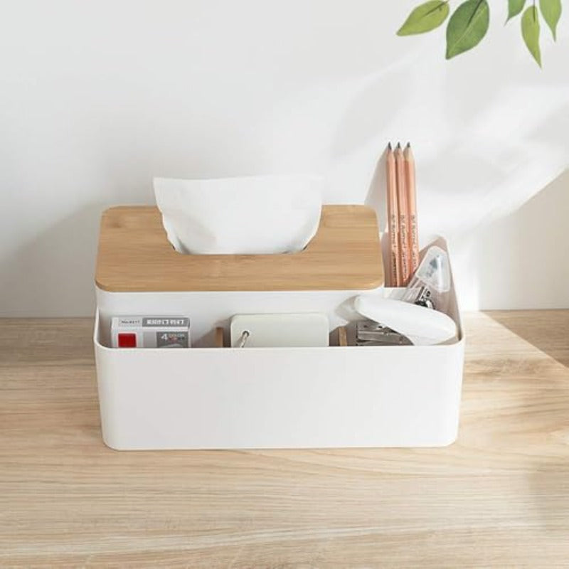 Modern White & Natural Brown Tissue Box Organizer with Bamboo Lid - Multifunctional Rectangular Storage Dispenser with 5 Compartments, Durable PS & Bamboo Construction for Home, Office, Dresser - Space-Saving Tissue Holder with Top Access & Open Shelf