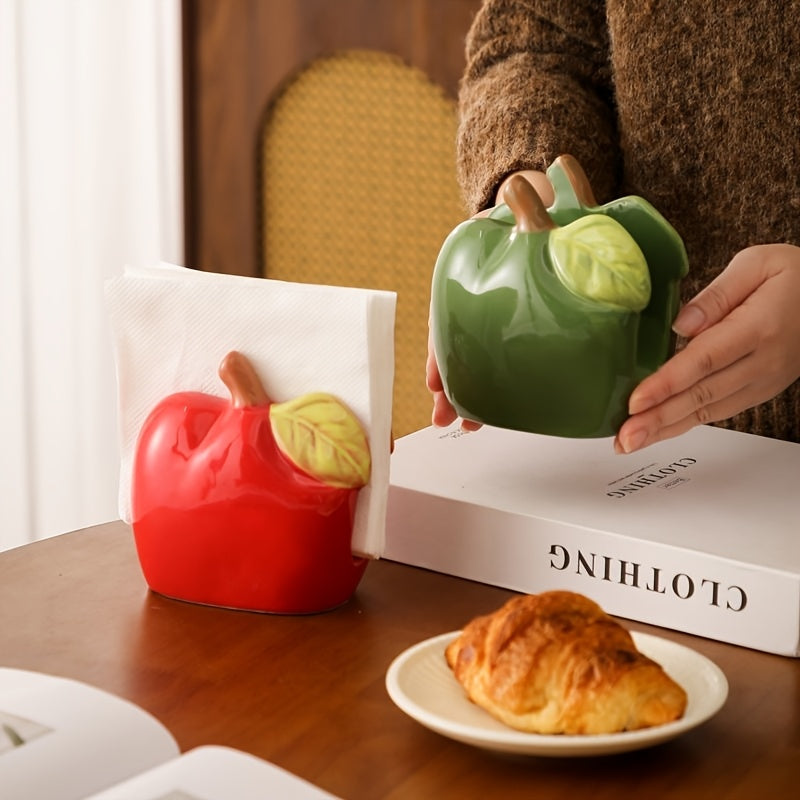 1pc Ceramic Apple-Shaped Tissue Box Holder - Cute Quirky Red or Green Apple Design with Leaf Accents, Oil-Rubbed Finish, Durable Rectangular Home Decor for Living Room, Kitchen, Office, Bathroom, Apple Decor, Kitchen Accessory, Playful Design, Decorative