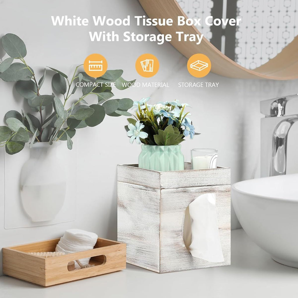 Tissue Box Cover with Storage Tray - Decorative Bathroom, Living Room, Office Organizer - Durable Plastic Construction - Fits Standard Tissues - Modern Farmhouse Decor - Easy-Clean Surface - Fits Spaces - Ideal Housewarming Gift, Bedroom Accessory,
