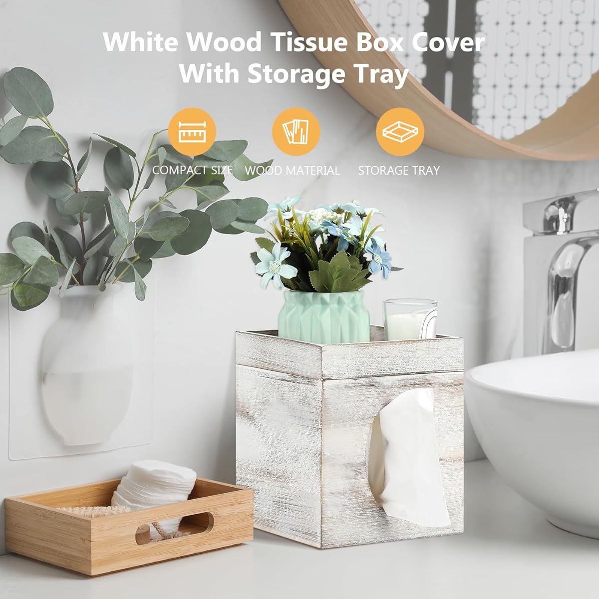 Tissue Box Cover with Storage Tray - Decorative Bathroom, Living Room, Office Organizer - Durable Plastic Construction - Fits Standard Tissues - Modern Farmhouse Decor - Easy-Clean Surface - Fits Spaces - Ideal Housewarming Gift, Bedroom Accessory,