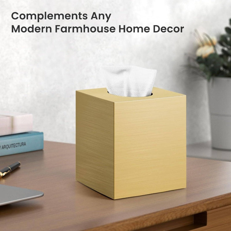 Modern Square Acrylic Tissue Box Cover & Holder - Golden Napkin Dispenser with White Interior, Glossy White & Golden Finish for Bathroom Vanity, Bedroom Dresser, Office Desk - Durable Decorative Storage Organizer, Space-Saving Design, Scratch-Resistant,