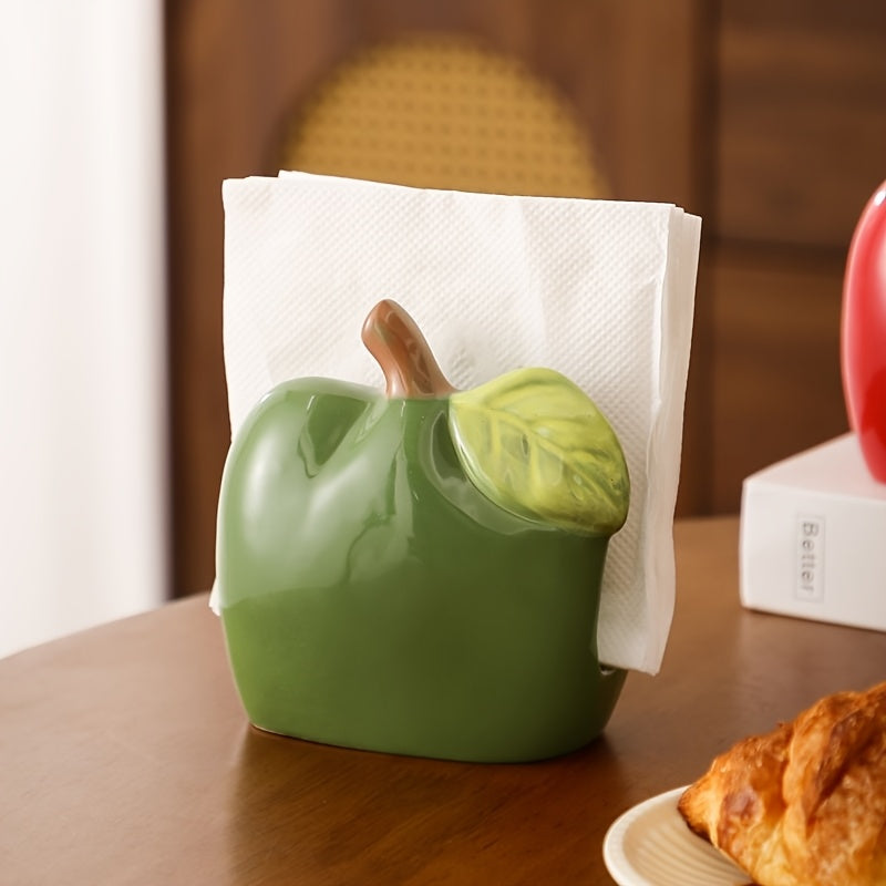 1pc Ceramic Apple-Shaped Tissue Box Holder - Cute Quirky Red or Green Apple Design with Leaf Accents, Oil-Rubbed Finish, Durable Rectangular Home Decor for Living Room, Kitchen, Office, Bathroom, Apple Decor, Kitchen Accessory, Playful Design, Decorative