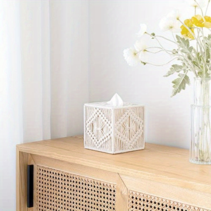 Boho Chic Macrame Magazine Rack and Tissue Box Set - Ivory, Round Shape, Perfect for Bathroom, Bedroom, Dresser, Living Room, Office, Dorm Decor, Bathroom Decor|Boho Chic Style|Woven Texture, Bathroom Decorations