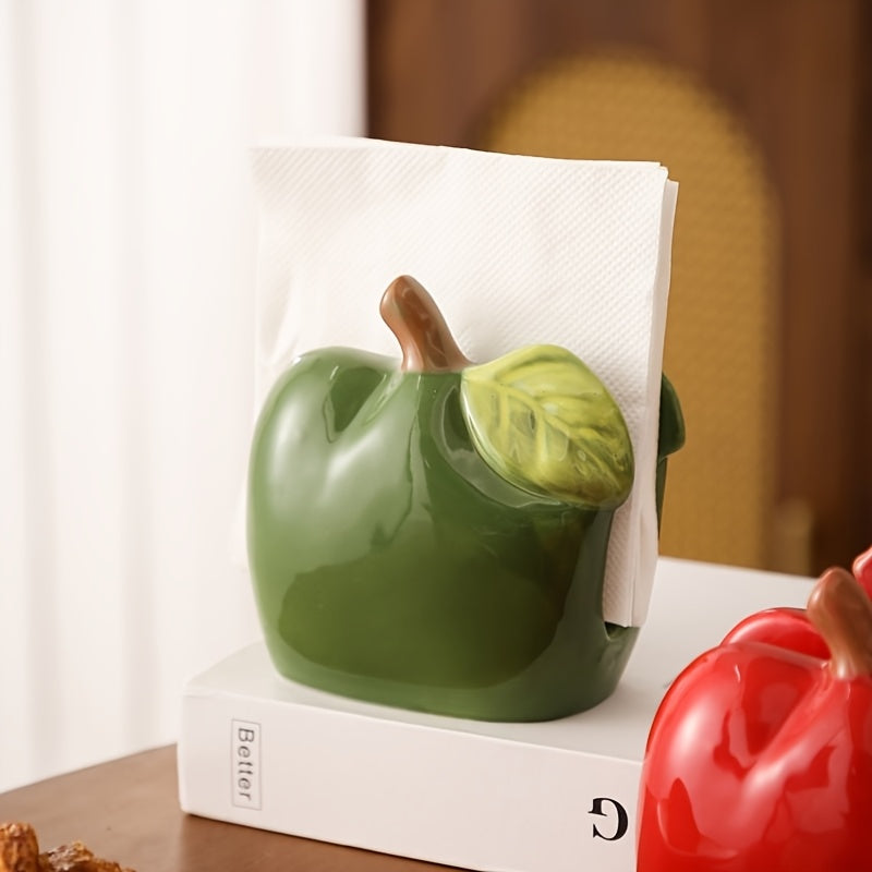 1pc Ceramic Apple-Shaped Tissue Box Holder - Cute Quirky Red or Green Apple Design with Leaf Accents, Oil-Rubbed Finish, Durable Rectangular Home Decor for Living Room, Kitchen, Office, Bathroom, Apple Decor, Kitchen Accessory, Playful Design, Decorative