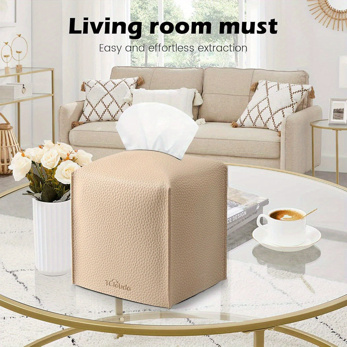 2-Pack Modern PU Leather Tissue Box Holder with High Quality & Dustproof Design - Beige Square Storage Cover with Golden-Tone Hardware, Foldable & Easy-Clean for Bathroom, Office, Car, Nightstand, Outdoor - Fits 5x5x5 Boxes, Decorative Organizer