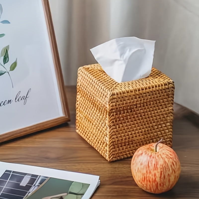 Handmade Square Rattan Tissue Box - Japanese-Style Woven Desktop Organizer, Suitable for Bathroom, Bedroom & Office Decor, Bathroom Organizer, Bedroom Accessory, Rustic Decor, Natural Aesthetic, Artisanal Craftsmanship, Durable Construction, Decorative