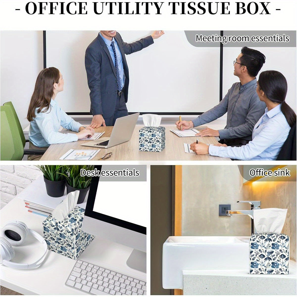 Waterproof PVC Leather Tissue Box Cover with Blue Floral Pattern - Square Decorative Holder with Blue Flowers & Green Leaves, Fit for Bathroom, Home, Car, Office - Easy-Clean Tissue Organizer Dispenser (5.2x5.2x5.2in) - Ideal Gift for Housewarming &