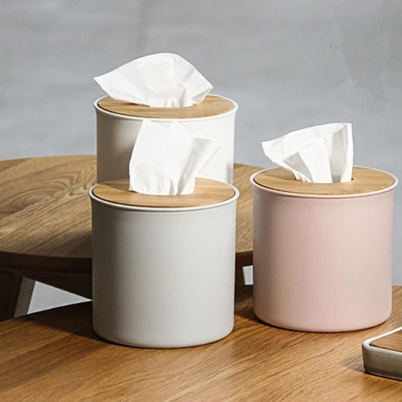 Modern Round Tissue Box Holder - Sleek Dark Teal Durable Plastic with Bamboo Roll Paper Napkin Rack, Compact Space-Saving Design for Home & Office Desk Accessories, Novelty Tissue Canister, Tabletop Accessory, Contemporary Design, Minimalist Decor, Bamboo