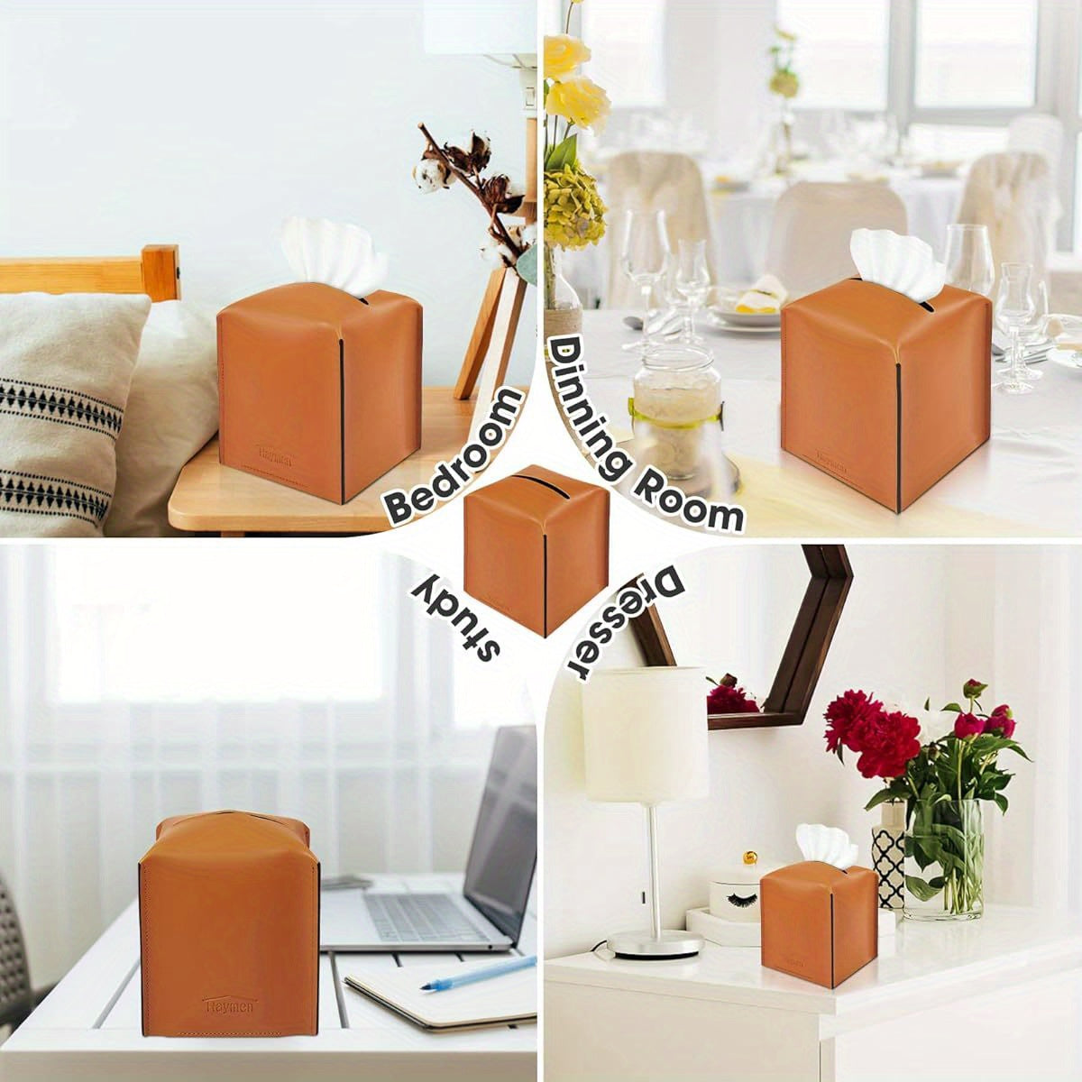 Tissue Box Cover, Modern Saddle Leather Square Tissue Box Holder - Decorative Holder Organizer for Bathroom Vanity Countertop, Night Stands, Office Desk & Car 5" X5" X5. 3" ( Tan)
