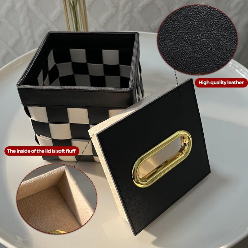 Modern Cube Tissue Box Cover - Black and White checkerboard, Farmhouse Decor with Golden Accent, Bathroom/Desk Organizer, Tissue Dispenser for Living Room, Bedroom, Office - Housewarming Gift, Bedroom Accessory, Contemporary Design, Durable Construction
