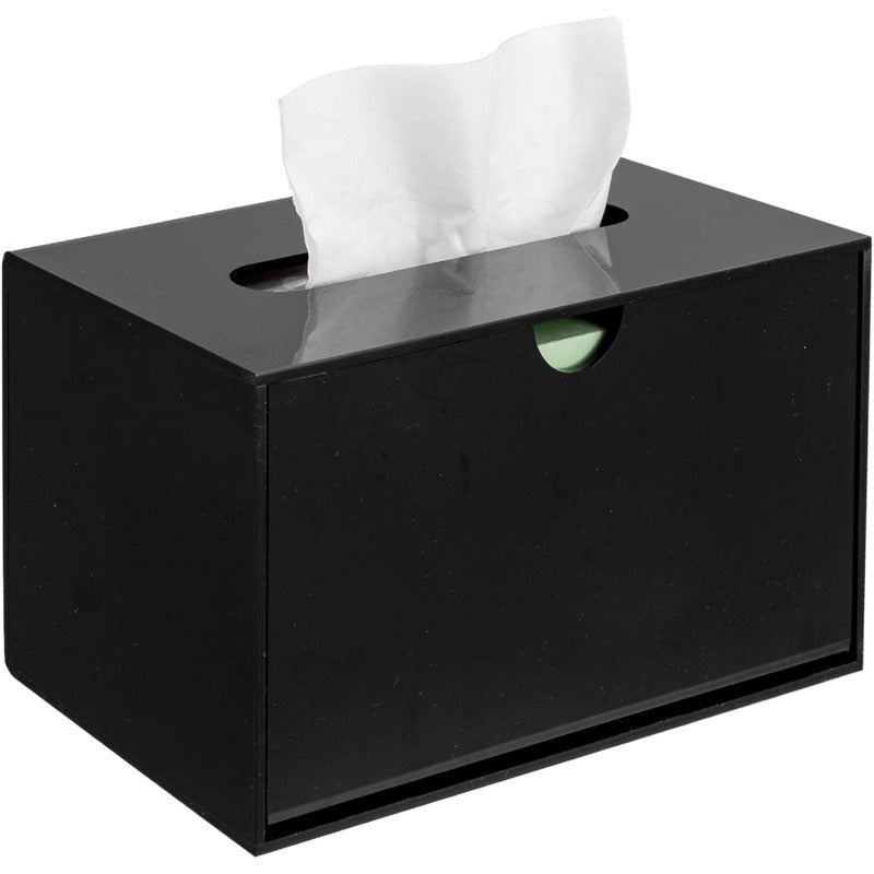 Modern Black Glossy Acrylic Tissue Box Dispenser with Slide-Out Holder & Refillable Drawer-like Design - Rectangular Bathroom/Office/ Vanity Storage, Space-Saving Tissue Dispenser with Height Riser Compatibility, Glossy Black Finish & Foot Pads -
